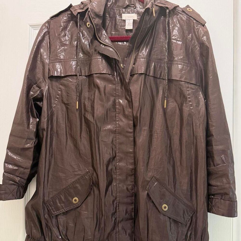 Chico-s Women's Brown Shiny Hooded Utility Jacket Size 3